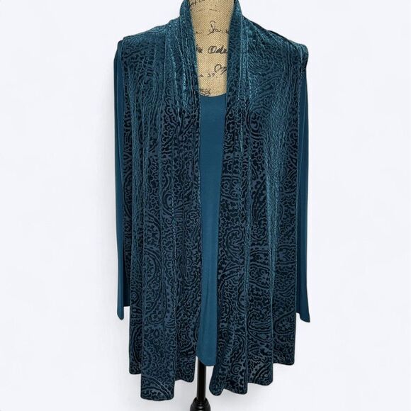 Susan Graver 2 Piece Liquid Knit Top & Velvet Burnout Vest Dark Teal Paisley 1X - Picture 1 of 16